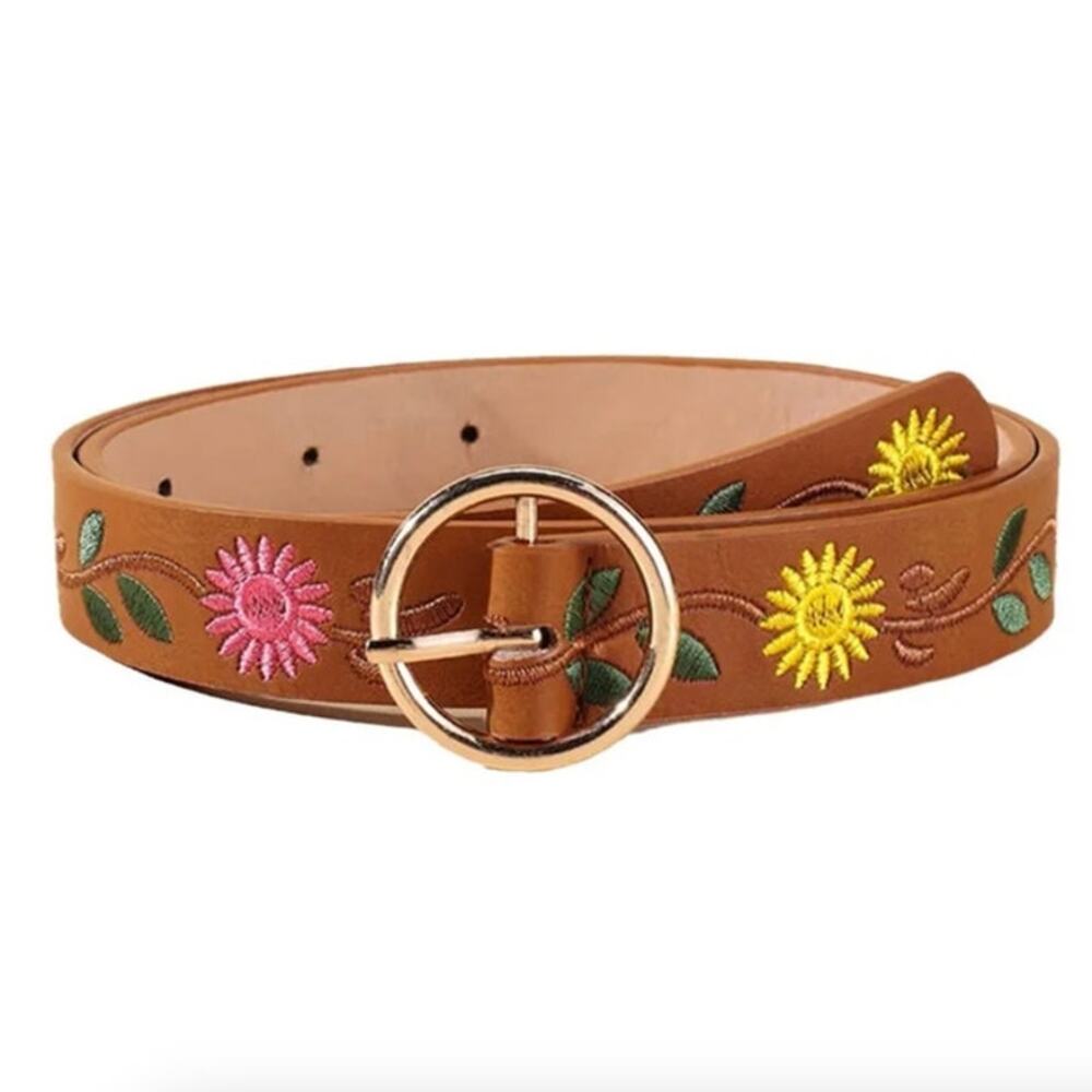 Belt Camel Tan Floral Embroidery Flowers Vegan Leather 31"-37" Total 41" - Picture 1 of 8